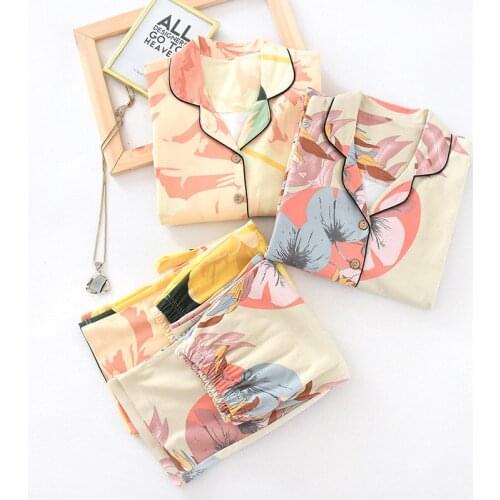 Summer Thin Big Flower Knitted Cotton Pajamas Suit Womens Simple and Long Cotton Lapel Loose Large Size Printing Home Service