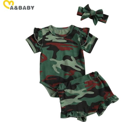 Ma&Baby 0-18M Summer Newborn Infant Baby Girl Camo Clothes Set Short Sleeve Romper Shorts Headband Outfits Costumes