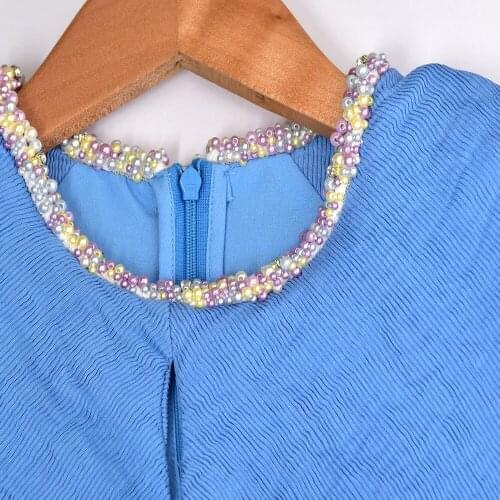 Womens Mini Dress Neckline Beaded Decor Sleeveless Zipper Summer Dress O-Neck High Waist Female A-Line Short Robe