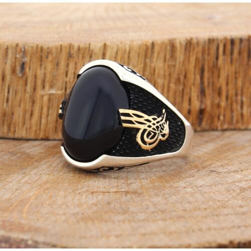 Solid 925 Sterling Silver Sultan Tughra Oval Onyx Stone Mens Ring