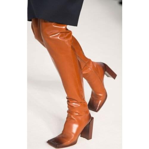 2018 Newest Fashion Brown Leather Women Over The Knee Boots Sexy Sqaure Toe Ladies High Heel Knight Boots Sexy Thigh High Boots