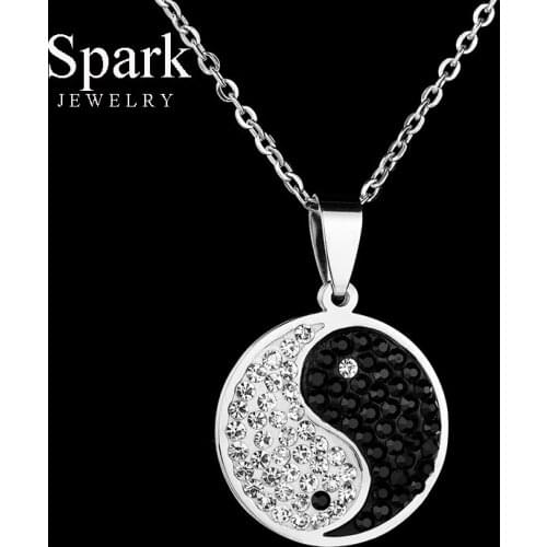 Stainless Steel Chinese Style Yin Yang Nekclace & Pendant For Women Rhinestone Round Black White Tai Chi Necklace Link Chain