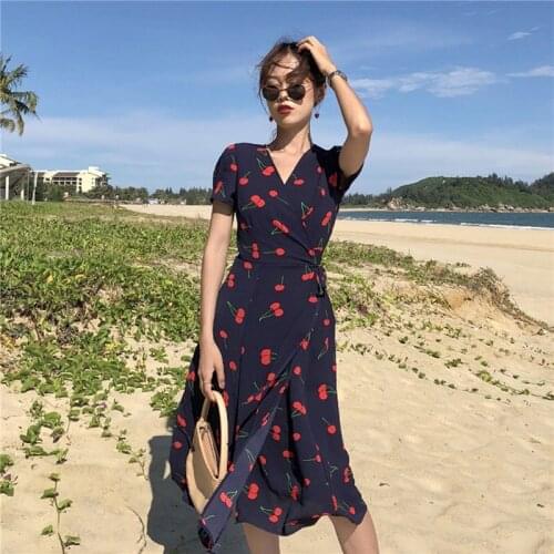 Summer Print Cherry Dress Women V Neck Short Sleeves Chiffon Bohemian Dresses Beach Knee Length Female Wrap Dress S-XL