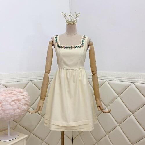Casual Fashion Summer Girly Sweet Sleeveless Beige Loose A-Line Mini Dress with Square Collar Dress Brand Design Clothes