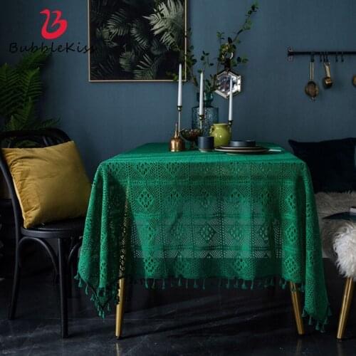 Bubble Kiss Retro Dark Green Handmade Crochet Tablecloth Cotton Knit Hollow Coffee Table Cover Cloth Background Decoration Cloth