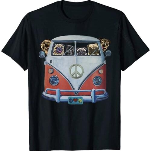Pug Shirt, Hippie Van Pug Shirt, Funny Pug T-Shirt Plain Adult T Shirts Normal Tops T Shirt Cotton Slim Fit