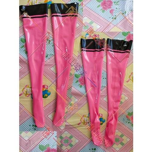 SEXY PINK LATEX THIGH HIGH STOCKINGS WITH BLACK TRIMS CUSTOMIZED