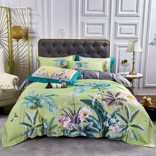 Tropical Green Palm Leaves Flamingo Duvet Cover Egyptian Cotton Soft Bedding Leaves Quilt Duvet Cover+1Bed sheet+2 Pillow Cases
