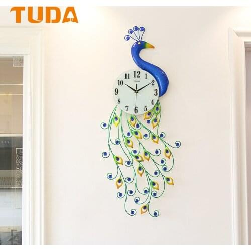 TUDA 38x90cm European Peacock Wall Clock Creative Iron Decorative Clock Living Room Clock Wall Quartz Clock Home Decoration