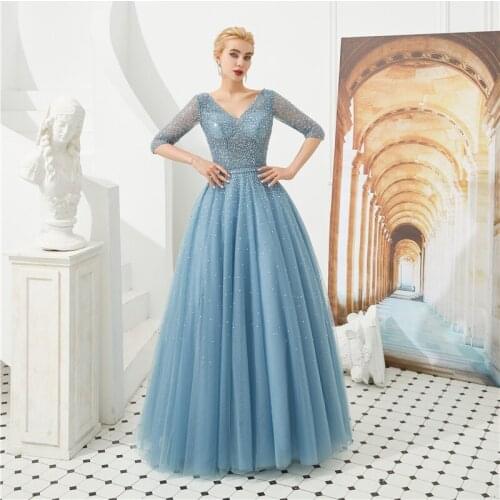 Vestidos De Gala Largos Delicate Beading Prom Dresses With Half Sleeves V-neck Evening Dresses Floor Length Robes De Soiree New