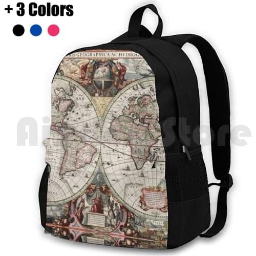 Vintage Maps Of The World. Geographic And Hydrographic Map Of The Whole World Outdoor Hiking Backpack Waterproof Camping Travel