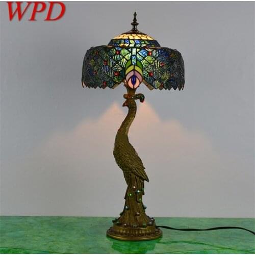 WPD Tiffany Table Lamp Peacock Contemporary Retro Creative Decoration LED Light For Home