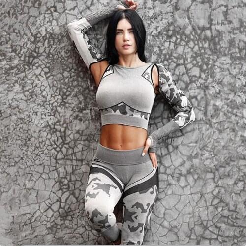 Women Fashion Seamless Camouflage Yoga Set Long Sleeve Tops High Waist Leggings Fitness Sport GYM Camo Suits Tight Workout Pants