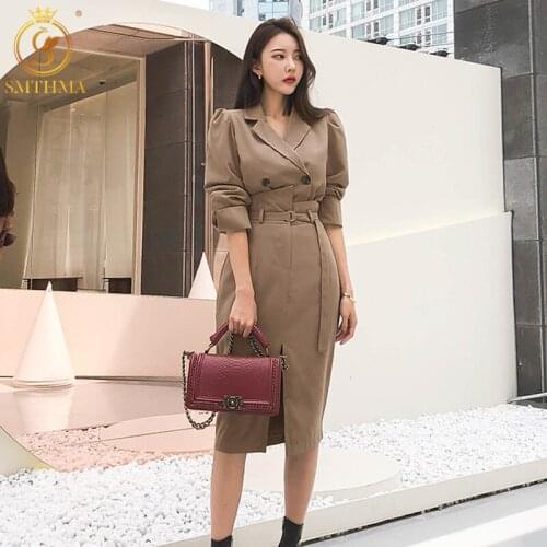 SMTHMA Office Ladies Two Pieces Set Turndown Collar Blouses + Sexy Front Split Female New Autumn Winter Elegant Women Skirt Suit