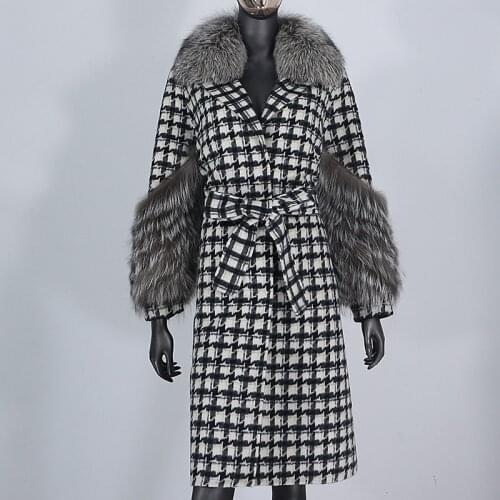 BLUENESSFAIR 2021 X-long Plaid Cashmere Wool Blends Belt Real Fur Coat Winter Jacket Women Natural Fox Fur Collar Streetwear New
