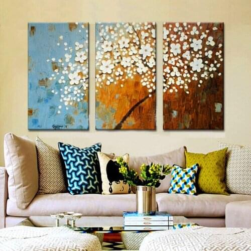 3 Piece Hand Painted Palette Knife White Tree Oil Painting Wall Art Canvas Picture Modern Abstract Home Decor Living Room Set