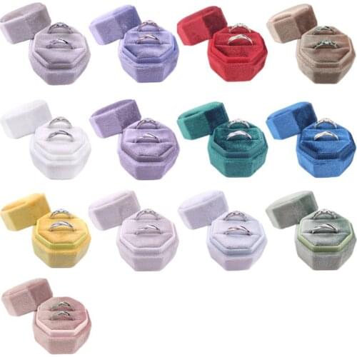 Antique Octagon Velvet Ring Box Double Ring Display Holder with Detachable Lid Ring Box Holder for Wedding Ceremony