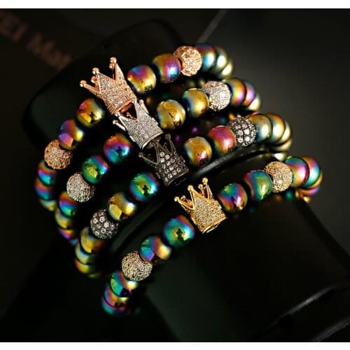 Luxury Colorful Hematite Crown Copper Bracelet Men Fashion Handmade White Zircon Beads Bracelet For Women Dropshipping