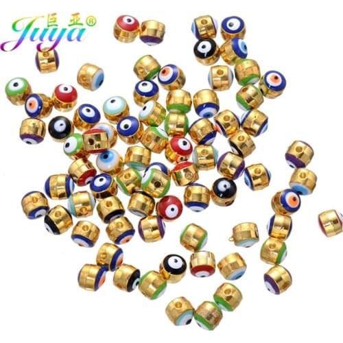 Juya 50pcs/lot Wholesale 5mm Gold/Silver Color Colorful Enamel Evil Eye Charm Beads For Handmade Turkish Beads Jewelry Making