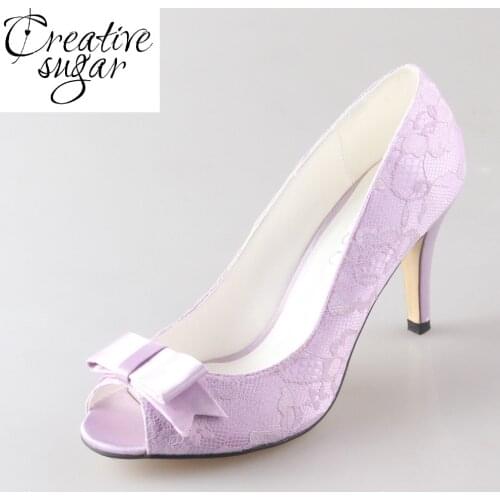 Creativesugar lavender light purple lilac lace with bow knot lady wedding bridal party prom dress shoes pumps 8cm heel open toe