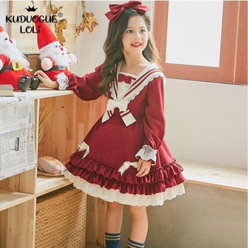 Childrens Lolita Cute Dress Baby Girls Sweet Long Sleeve Party Costume Cosplay Royal Style Fairy Vintage Burgundy Navy OP Loli