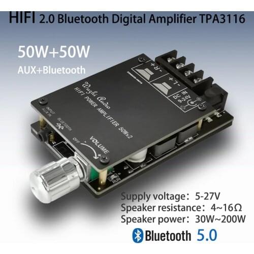 DYKB TPA3116 Bluetooth 5.0 HIFI Stereo Digital Power Audio Amplifier board 50W+50W Stereo AMP AUX Adjust Volume for dc 12v 24v