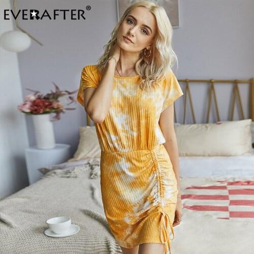 EVERAFTER O-neck tie dye print ruched drawstring women dress summer short sleeve mini dress casual streetwear female dresses