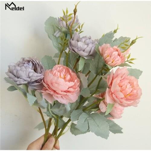 Meldel Artificial Flower 3 Heads Silk Rose Fake Flower Bunch DIY Bridesmaid Girl Mini Bouquet Wedding Party Home Table Decor