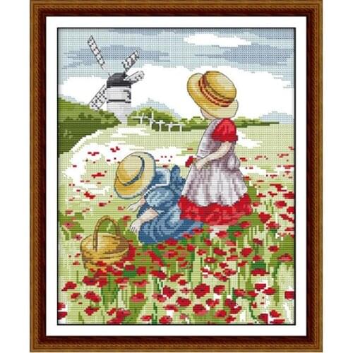Joy Sunday Poppy fields and girls 14CT 11CT Accessories Embroidery Needlework Sets Home Decor DMC DIY Embroidery Needlework gift