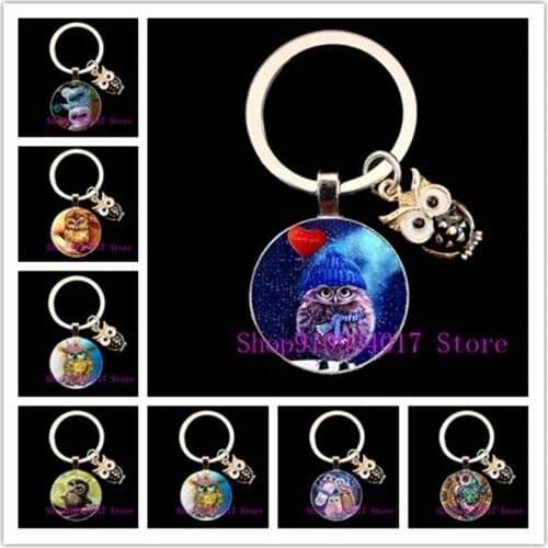 2021 new cute charm enamel owl round glass keychain convex glass owl keychain men and women accessories keychain