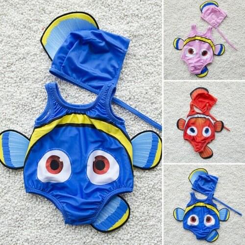 Novelty Kids Baby Girl Boy Summer Swimwear Sets Goldfish Shaped Sleeveless Strap Bodysuit+Hat 2Pcs Sets Children Beachwear 1-6T