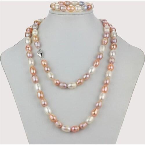 New natural freshwater pearl 9-10mm rice mixed color natural necklace 36" bracelet pearl set 925 silver clasp free shipping