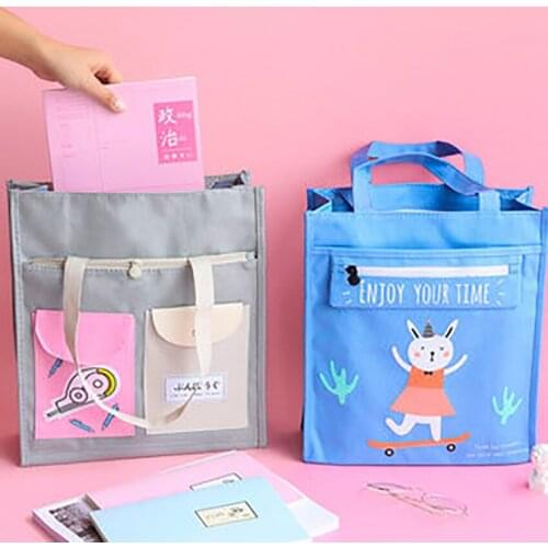 Cartoon Zipper File Folder Bag Portable Canvas Storage Bags Students Stationery Paper Document Holder Cute Handheld Art Bag