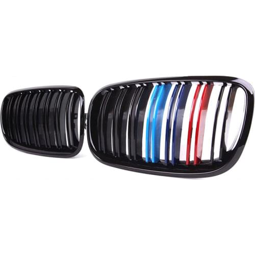 A Pair Gloss Black M Color Double Slat Kidney Grill Grille Front Bumper Grill For BMW E70 E71 E72 X5 X6 2007-2013 Racing Grill