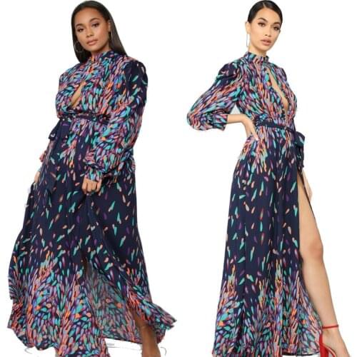 Plus Size Elegant Turtleneck Woman Dress Lantern Sleeve Print Maxi Dresses Sexy Hollow Out Split Outfit Wholesale Dropshipping