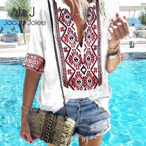 Jocoo Jolee Vintgae Indie Folk Style Summer Shirt Women Boho Half Sleeve V Neck Loose Blouse Casual Beach Travel Tops Outwear
