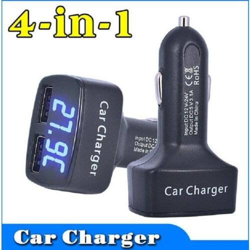 DC 5V 3.1A 4 in 1 LED Digital Voltmeter Ammeter Thermometer Dual USB Universal Car Charger Voltage Current Temperature Meter