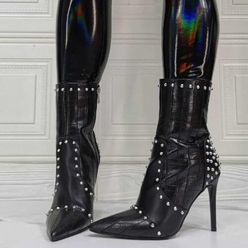 Streetwear Sexy Rivets Ornament Side Zip Plus Size 47 Women Ankle Boots Stone Print Thin Heel Pointed Toe Ladies Short Booties