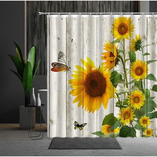 Vintage Old Wood Grain Shower Curtains Sunflower Flower Pattern Polyester Fabric Hanging Curtain Bathtub Decor Multiple Size