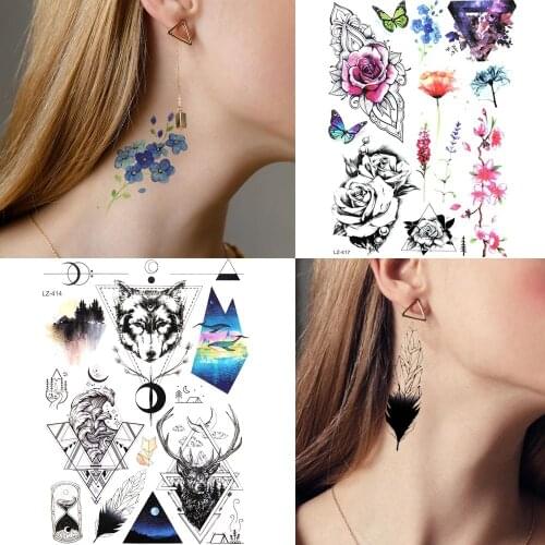 YURAN Flash Geometric Plum Blossom Arm Tattoo Women Watercolor Floral Temporary Tattoo Stickers Men Body Hands Fake Tatoos Wolf
