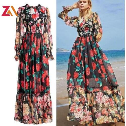 ZALady Beach Bohemia Maxi Dresses For Women Robe Chic Elegant Floral Printed Long Sleeve Elastic Waist Ruched Long Dress Vestido