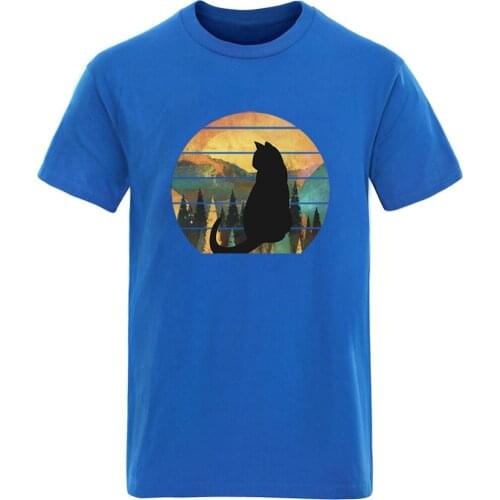 Sun Cat Print Round Neck Cotton Mens T-shirts Streetwear Harajuku Clothing Tops Male Leisure Casual 2020 Black Graphic Camisetas