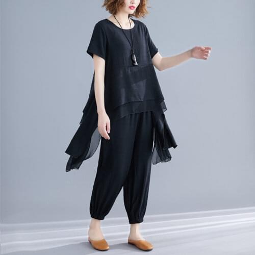 Twop Pieces Women Pants Suits 2021 Summer Vintage Chiffon Long Irregular T-Shirts And Harem Ankle Length Pants Female Pants Sets