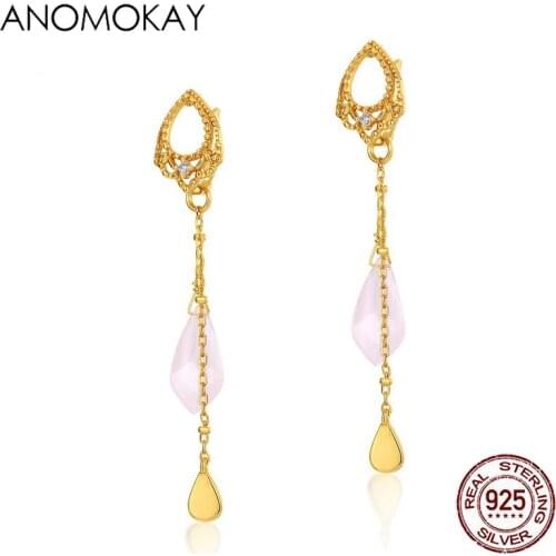Anomokay Simple Casual Long Tasel Crystal Gold Color Drop Earrings for Women Party Engagement Gift Real 925 Silver Link Earring