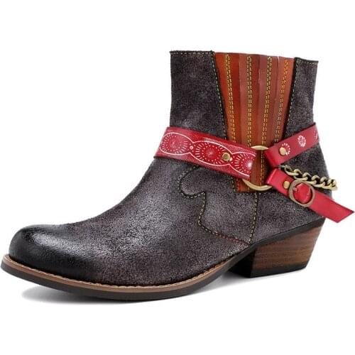 Embossed Women Boots Rose Genuine Leather Printing Splicing Low 3CM Thick Heel Ankle Boots Elegant Ladies Shoes Women Shoes