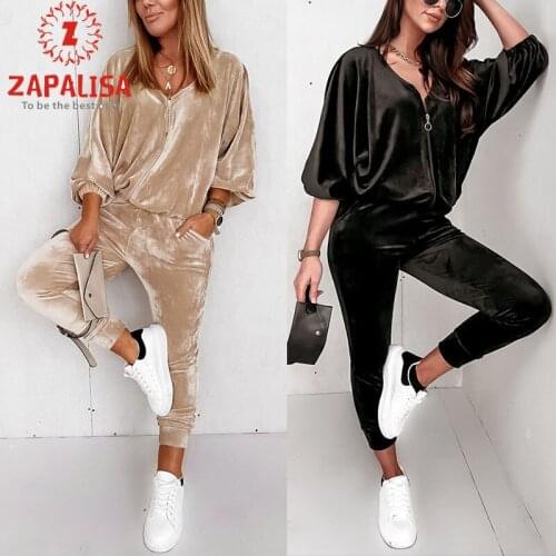Women Solid Color Velvet 2 Piece Set Patchwork Design Zipper Pockets Decor Long Sleeve Casual Loose Cardigan Top+Pencil Pants