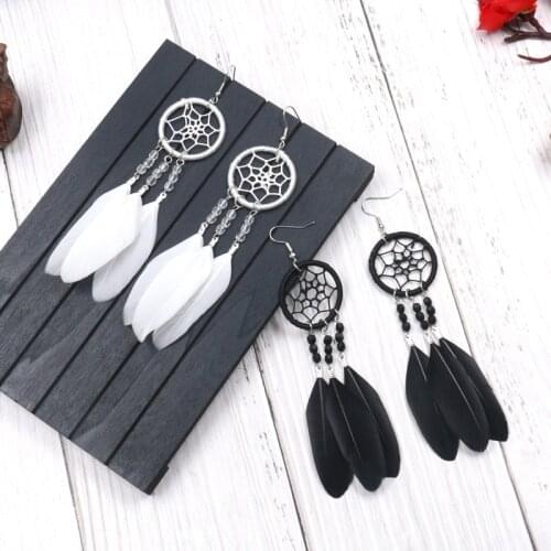 2021 Fashion Jewelry New Bohemia Tassel Earring Black White Feather Beads Long Design Dream Catcher Drop Earrings For Women Gift