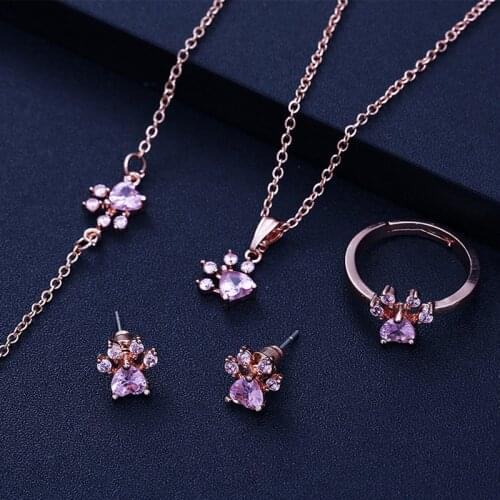 4pcs/set Women Chain Necklace Bracelet Ring Drop Earing Set Pet Animal Footprints Paw Jewelry Set Jewelry Kits Decor Gifts