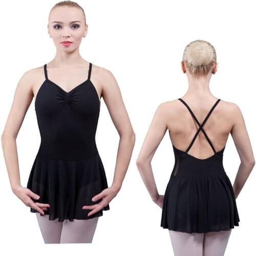 Wholesale Adult Girls Cotton Lcyra Ballet Dance Wear Mesh Skirted Leotard with Gathered Front and Crisscross Back 01D0055