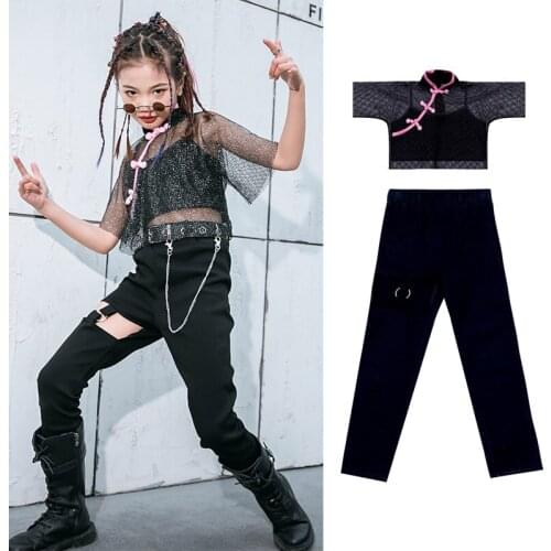 Sequined Black Net Short Sleeve Top Casual Pants For Girls Chinese Style Jazz Dance Costumes for Girls Hip Hop Clothes XS1170